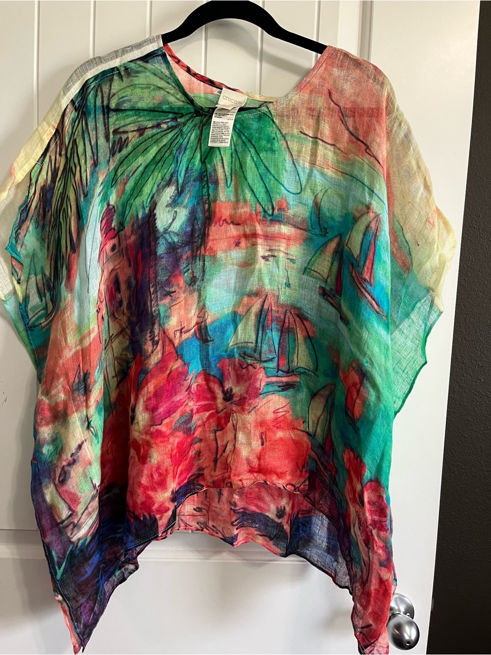 Chico's Kimono Poncho Top Nautical Sailboats ⛵️ Sz Small Medium Boho 100% Linen